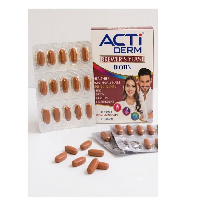 قرص اکتی‌درم (ACTIDERM) آبیان | مکمل تخصصی کراتین‌ساز برای رشد مجدد مو، استحکام ناخن و شادابی پوست (۳۰ عددی)
