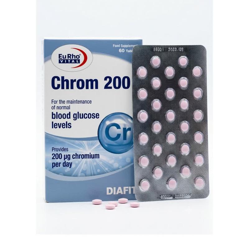 قرص کروم ۲۰۰ (Chrom 200) یورو ویتال | مکمل تخصصی تنظیم قند خون و متابولیسم کربوهیدرات‌ها با کروم پیکولینات (۶۰ عددی)
