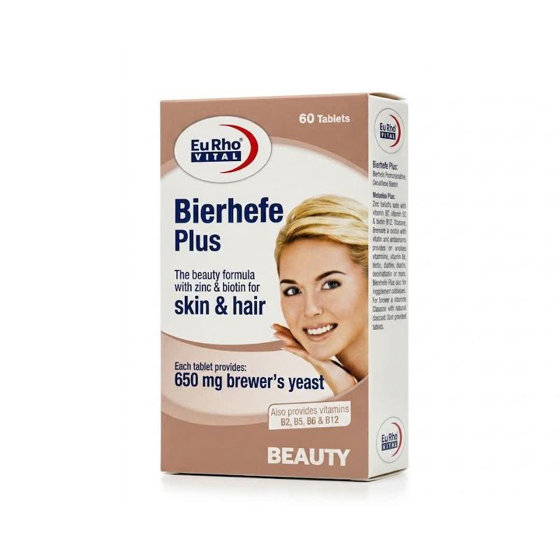 قرص بیر هف پلاس (Bierhefe Plus) یورو ویتال | فرمول طبیعی زیبایی با مخمر آبجو، بیوتین و روی برای سلامت پوست، مو و ناخن (۶۰ عددی)