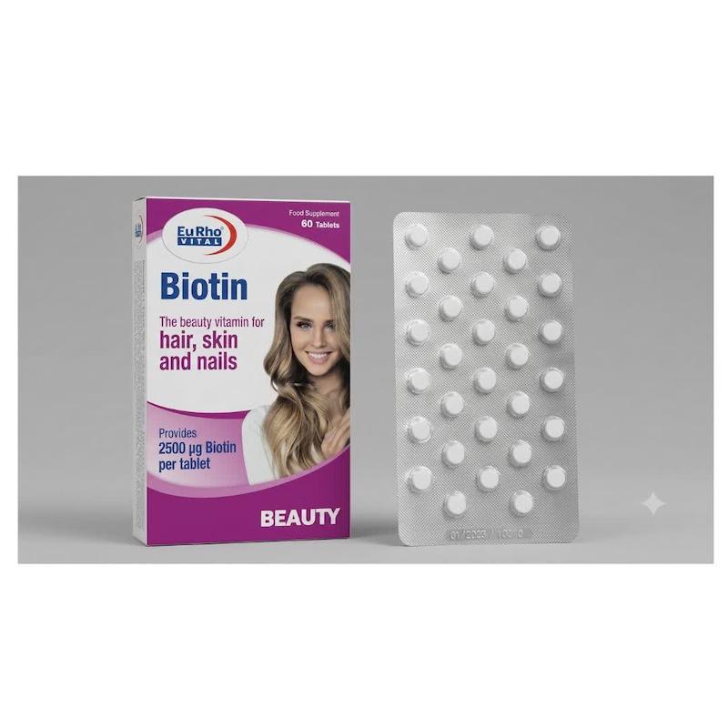 قرص بیوتین (Biotin) یورو ویتال | دوز کامل ۲۵۰۰ میکروگرم، ویتامین طلایی زیبایی برای سلامت مو، پوست و ناخن (۶۰ عددی)