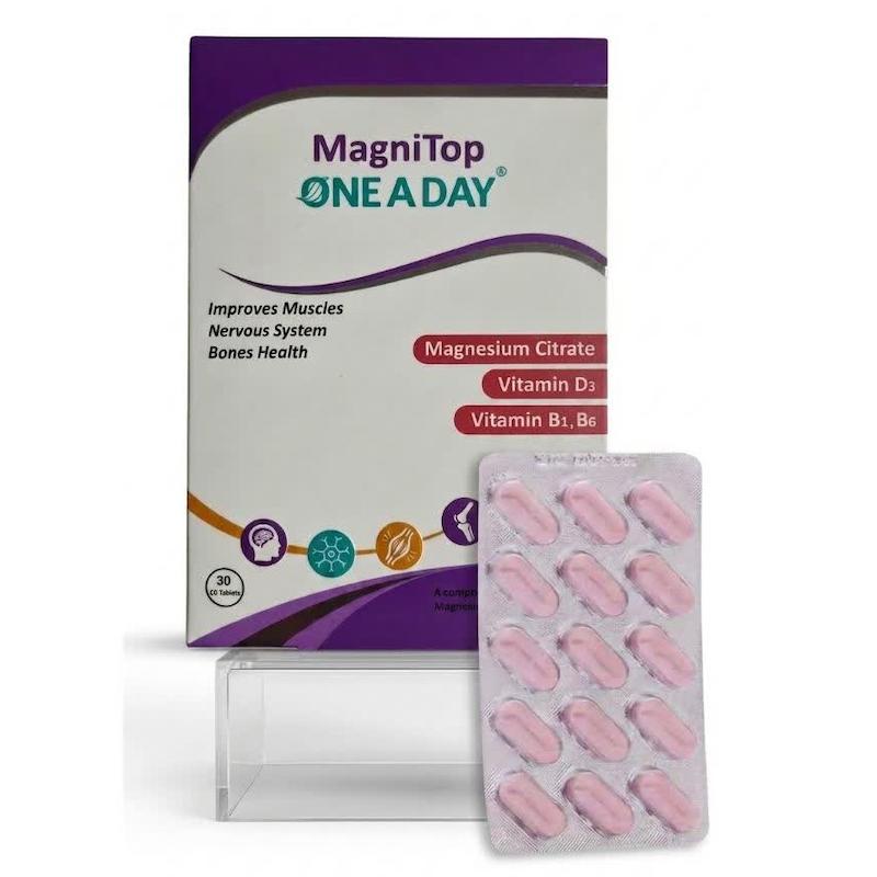 قرص مگنی‌تاپ (MagniTop) دنیا دارو | مکمل پیشرفته منیزیم سیترات، ویتامین D3 و گروه B برای آرامش اعصاب و رفع گرفتگی عضلات (۳۰ عددی)