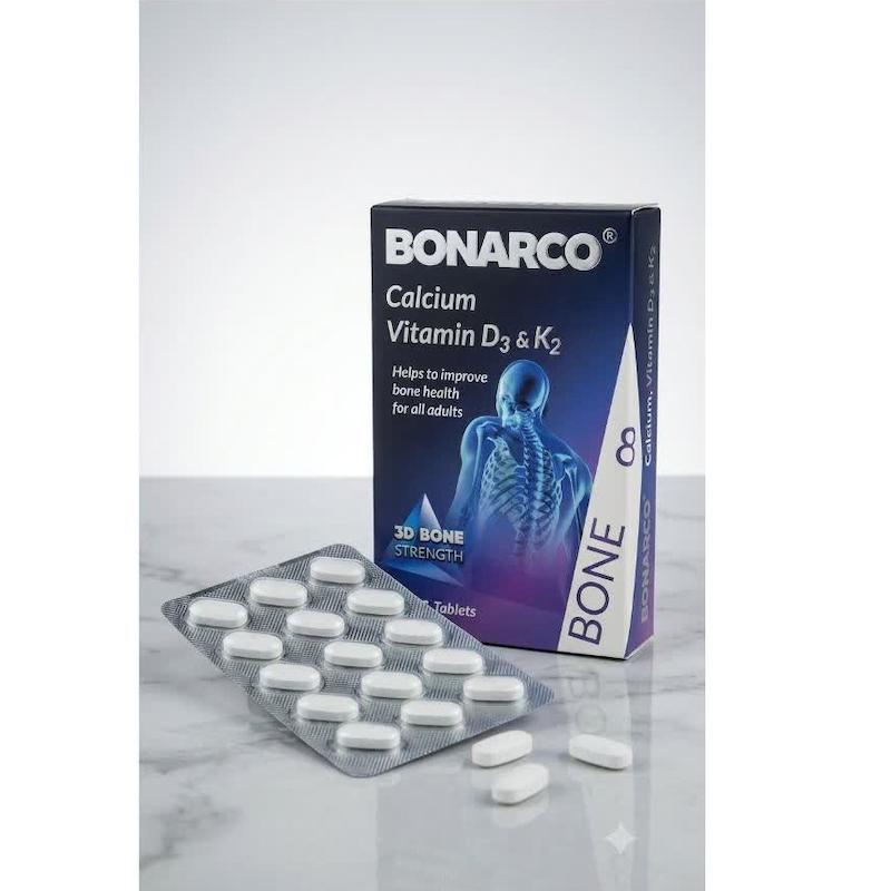 قرص بونارکو (BONARCO) ابیدی | مکمل پیشرفته 3D BONE STRENGTH با کلسیم، ویتامین D3 و K2 برای استحکام استخوان و سلامت قلب (۳۰ عددی)