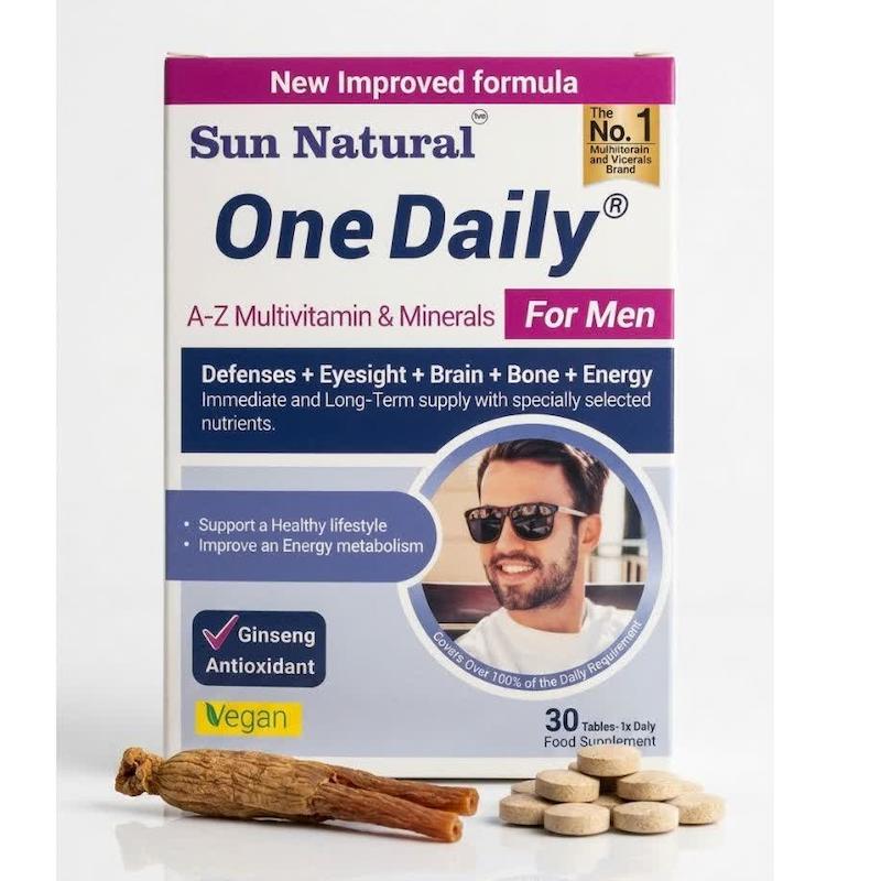 قرص وان دیلی فور مِن (One Daily For Men) سان نچرال | مولتی‌ویتامین یک‌دوز کامل با جینسینگ، امگا ۳ و جینکو برای ۶ حوزه سلامت آقایان (۳۰ عددی)