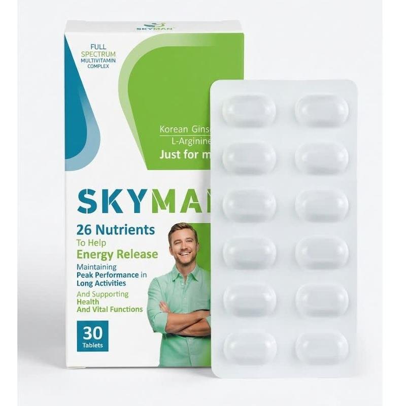 قرص اسکای من (SKYMAN) ویت‌اسکای | مولتی‌ویتامین طیف‌گستر با ۲۶ ماده مغذی، جینسینگ و ال-آرژینین برای انرژی و استقامت آقایان (۳۰ عددی)