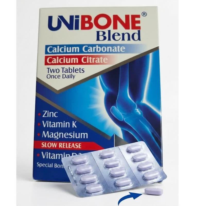 قرص یونی‌بون بلند (UNIBONE Blend) آبیان | مکمل پیشرفته کلسیم دوگانه (کربنات + سیترات) با فناوری آهسته‌رهش برای استخوان‌ها و مفاصل (۶۰ عددی)