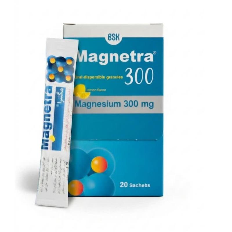 ساشه مگنترا ۳۰۰ (Magnetra 300) BSK | منیزیم ۳۰۰ میلی‌گرم با طعم لیمو، گرانول محلول در دهان، فاقد قند و گلوتن (۲۰ عددی)