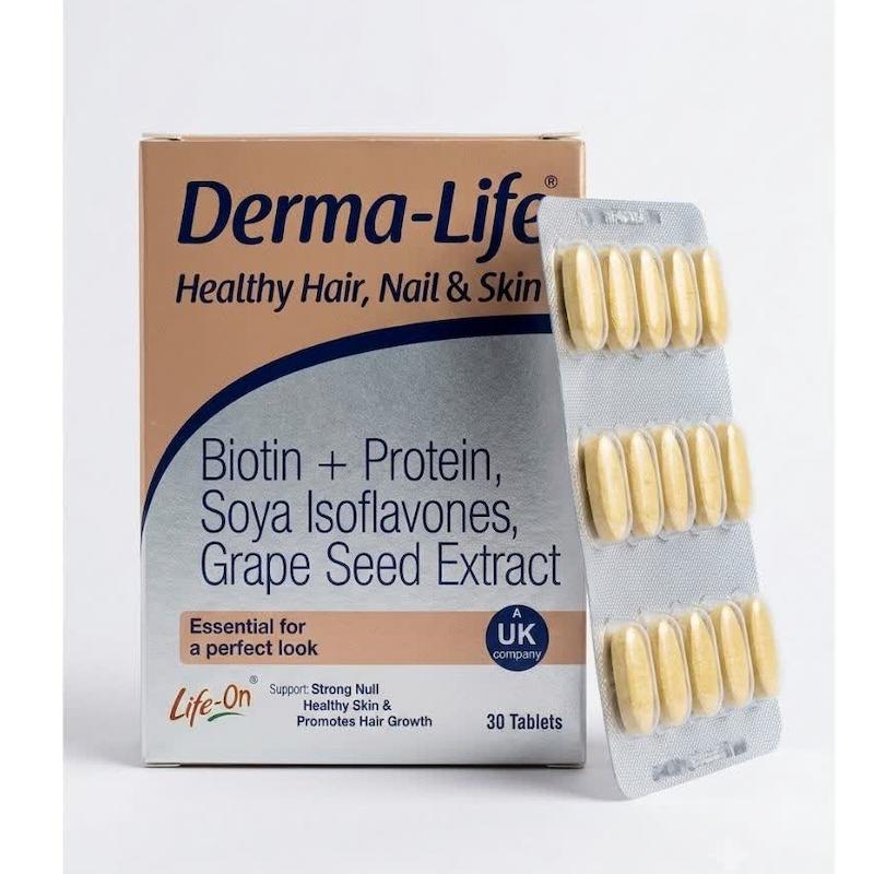 قرص درما-لایف (Derma-Life) لایف-آن | مکمل جامع زیبایی و جوانی با کلاژن، پروتئین و عصاره دانه انگور برای پوست، مو و ناخن (۳۰ عددی)