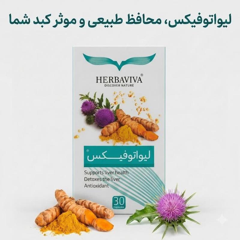 کپسول لیواتوفیکس (LivatoFix) هرباویوا | مکمل طبیعی سلامت کبد با عصاره خار مریم و زردچوبه، سم‌زدا و آنتی‌اکسیدان (۳۰ عددی)