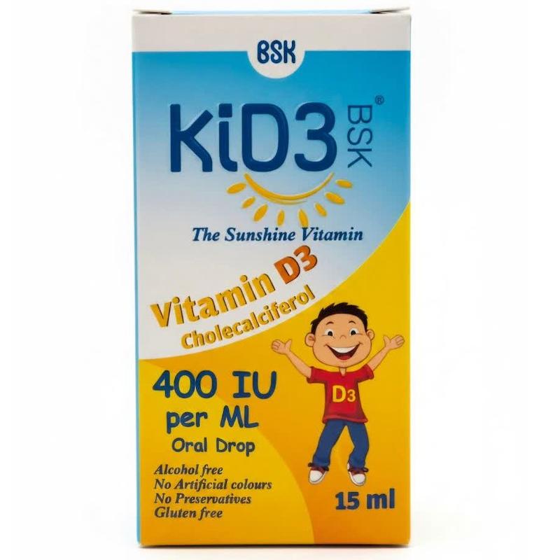 قطره ویتامین D3 کید۳ (KiD3) BSK |  برای رشد استخوان‌ها و تقویت سیستم ایمنی نوزادان و کودکان (۱۵ میلی‌لیتر)