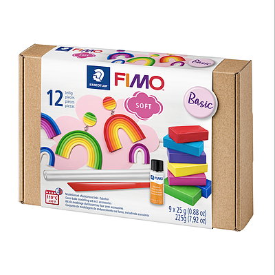 خمیر پلیمری مدل‌سازی فیمو استدلر - سافت - بسته‌ی ۹ رنگ بیسیک‌ به همراه وارنیش و ابزار
