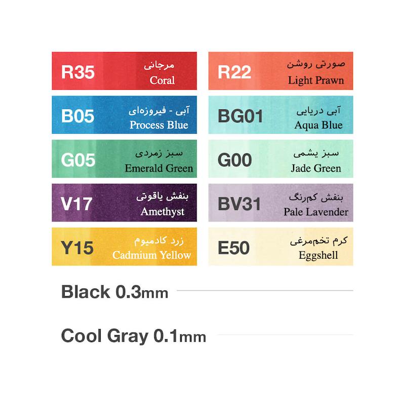 مجموعه‌ی ۱۰ تایی ماژیک کوپیک copic سری رزق و برقی Sparkle Set به همراه دو فاین لاینر
