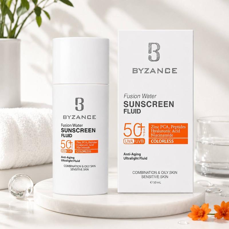 فلوئید ضدآفتاب بی‌رنگ بیزانس SPF 50+ مناسب پوست چرب و مختلط 50 میلی‌لیتر