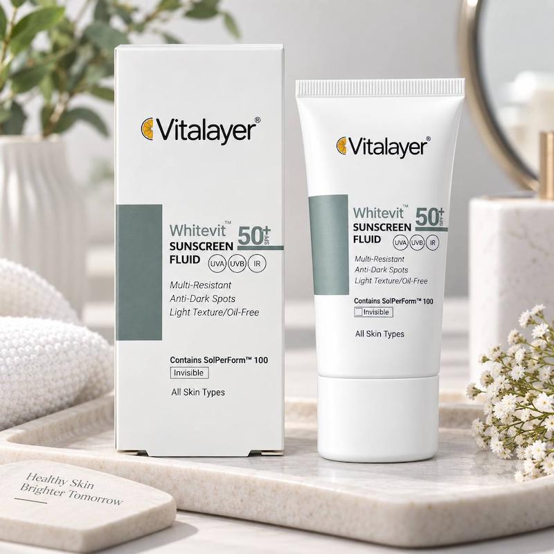 فلوئید ضدآفتاب بی‌رنگ ویتالیر Whitevit SPF50+ حجم 50 میلی‌لیتر
