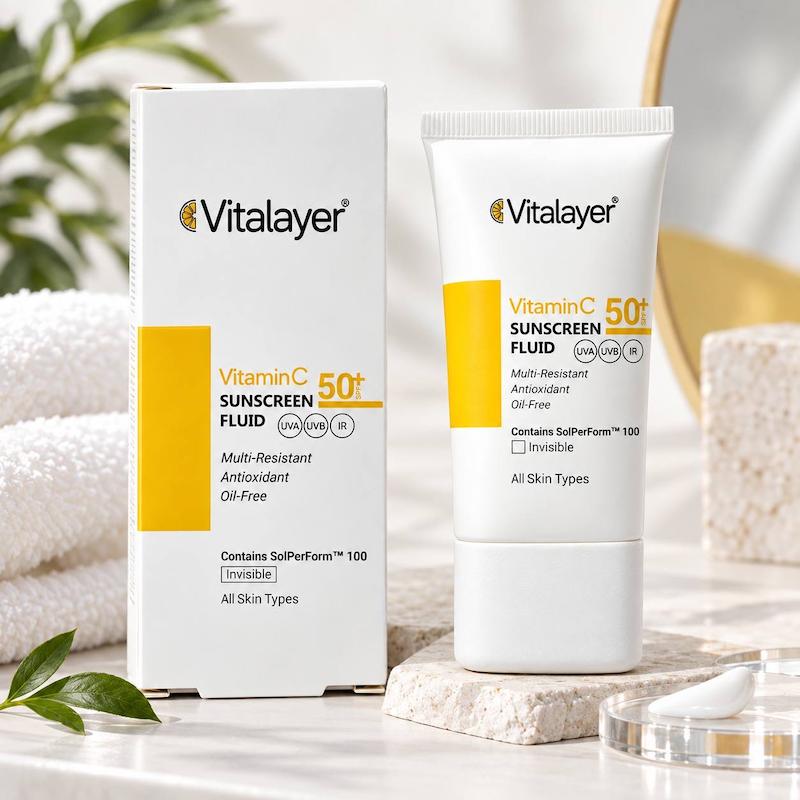 فلوئید ضدآفتاب ویتامین C ویتالیر SPF50+ بی‌رنگ حجم 50 میلی‌لیتر