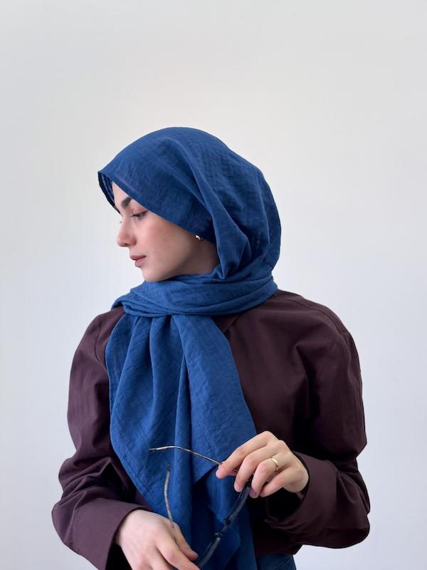 شال وال نخ آبی کاربنی راه راه 