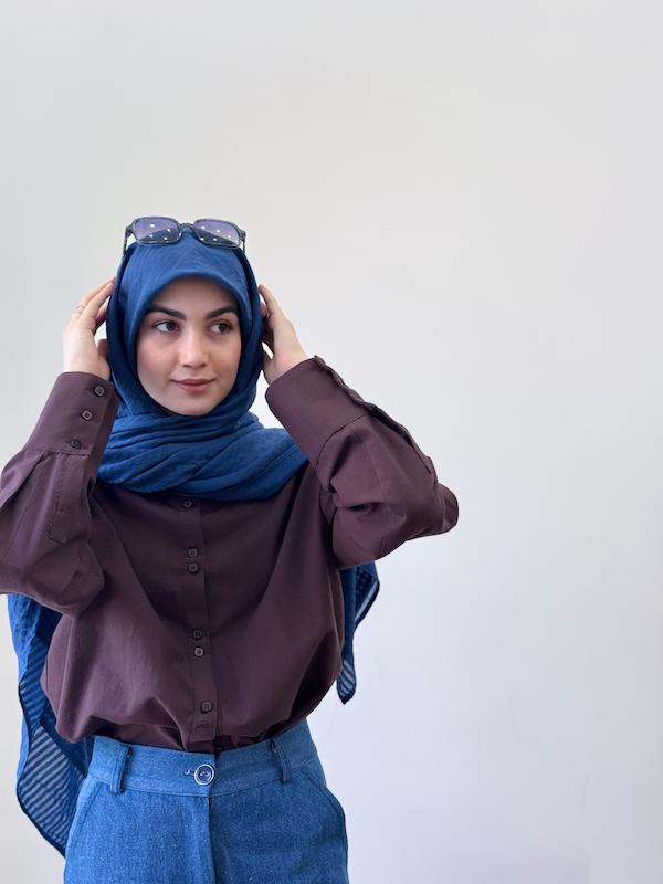 روسری وال نخ آبی کاربنی راه راه 