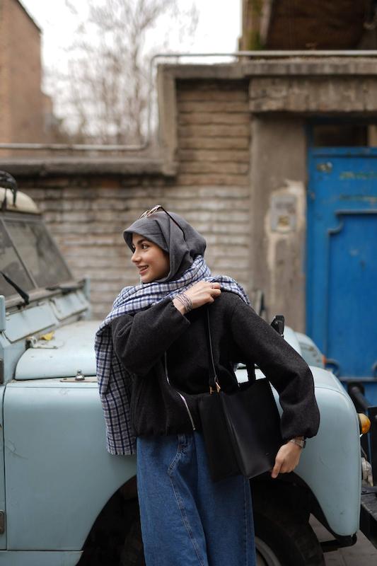 شال پشمی چهارخونه ریز آبی کاربنی 