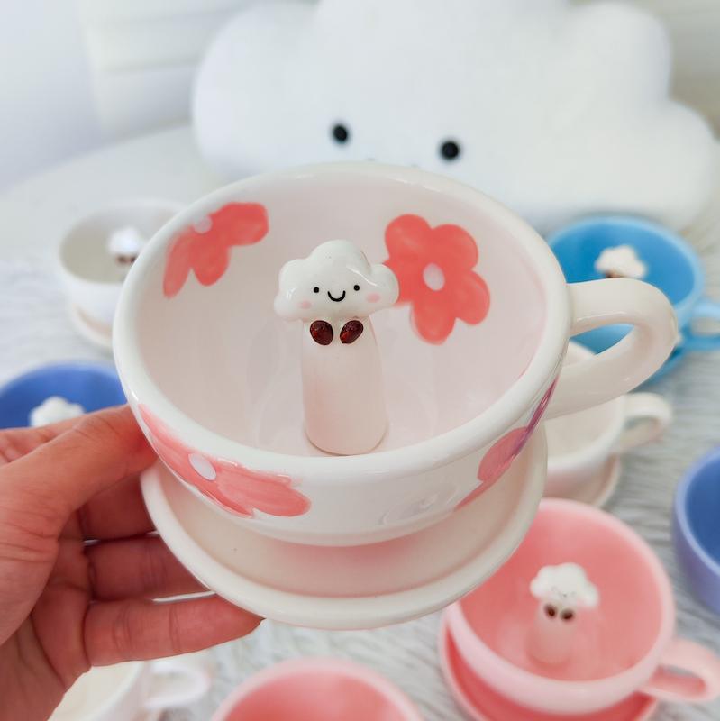 كاپ وبشقاب ابرک‌کیوتی گل صورتی 