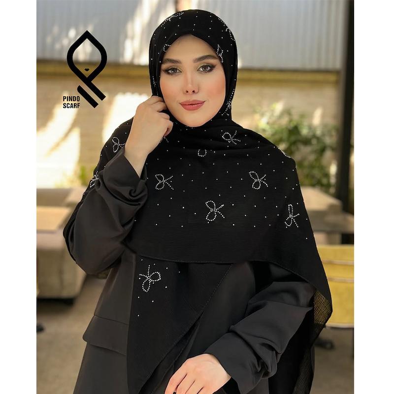 روسری نخی کریشه نگین نقره ای پاپیونی کار شده وارداتی RNKRS08