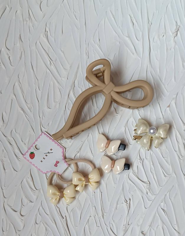 ست کلیپس و گل‌سر  پاپیونی کرم ۶ تیکه