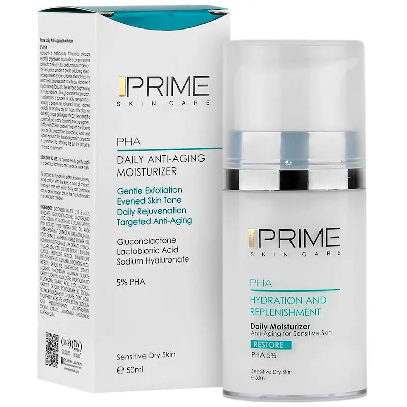کرم بازسازی کننده و آبرسان صورت پرایم PHA5% PRIME، رطوبت رسان و پر کننده چروک، مناسب پوست حساسِ خشک، حجم50میلی لیتر