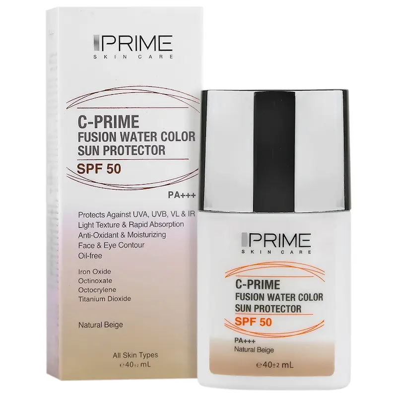 فلوئید ضدآفتاب رنگی پرایم C-PRIME SPF50، فیوژن واتر، حاوی ویتامین C، سبک و بدون چربی، مناسب انواع پوست، بژ طبیعی، حجم 40 میلی لیتر