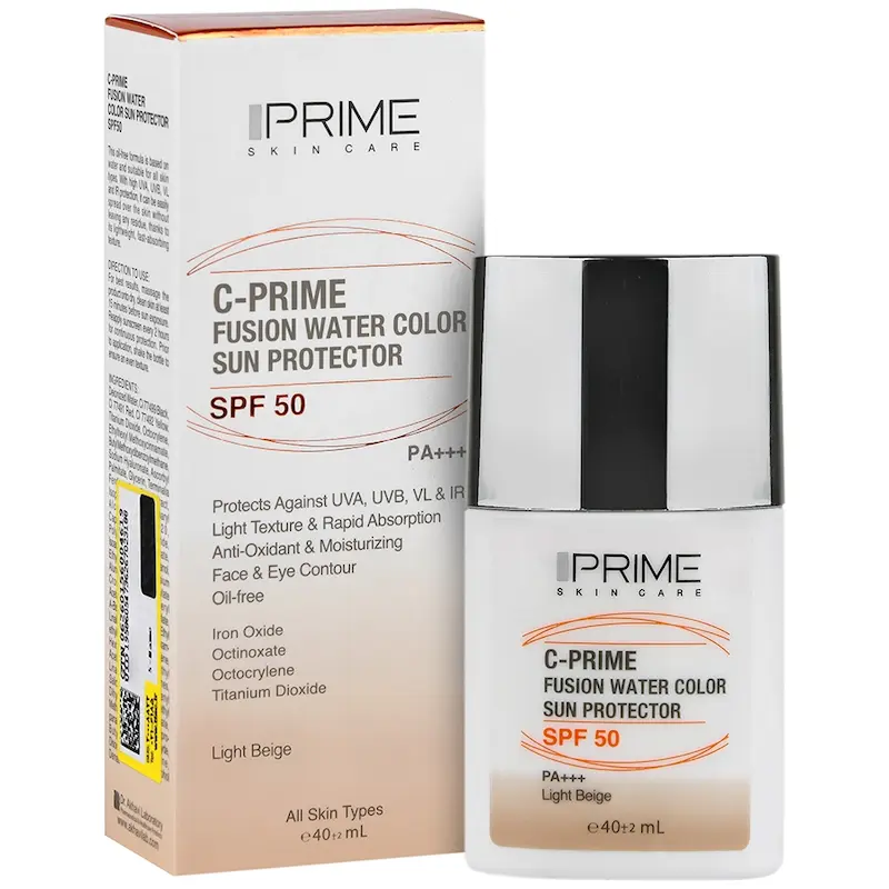 فلوئید ضدآفتاب رنگی پرایم C-PRIME SPF50، فیوژن واتر، حاوی ویتامین C، سبک و بدون چربی، مناسب انواع پوست، بژ روشن، حجم 40 میلی لیتر