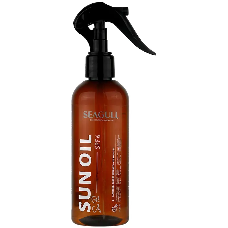 اسپری روغن برنزه کننده و ویتامینه SPF6 سی گل SEAGULL، حاوی عصاره هویج و روغن نارگیل، حجم250 میلی لیتر