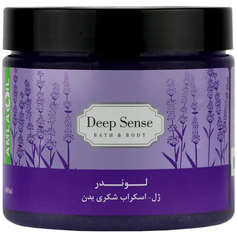 ژل-اسکراب شکری بدن لوندر دیپ سنس Deep Sense، حاوی عصاره اسطوخودوس، روغن املا، روغن بادام شیرین و نارگیل، لایه برداری ملایم، احیای شادابی پوست، حجم400میلی لیتر