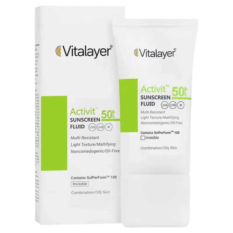 فلوئید ضدآفتاب بی‌رنگ اکتی ویت ویتالیر SPF50 Vitalayer، مناسب پوست‌های مختلط و چرب، حجم 50 میلی‌لیتر