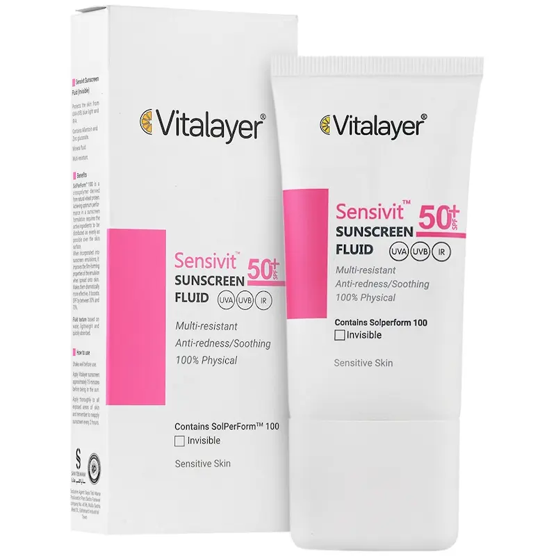فلوئید ضد آفتاب بی‌رنگ سنسی ویت ویتالیر، Vitalayer SPF50، مناسب پوست های حساس، حجم 50 میلی‌لیتر