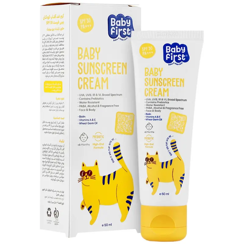 کرم ضدآفتاب کودک بی بی فرست سی گل SPF30 Baby first، حاوی ترکیبات پری بیوتیک، حجم 50 میلی لیتر