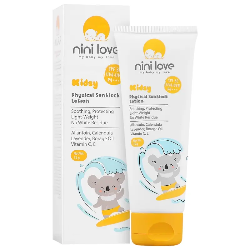 لوسیون ضدآفتاب کودک نی نی لاو SPF30 nini love، فاقد جاذب های شیمیایی، وزن 75 گرم