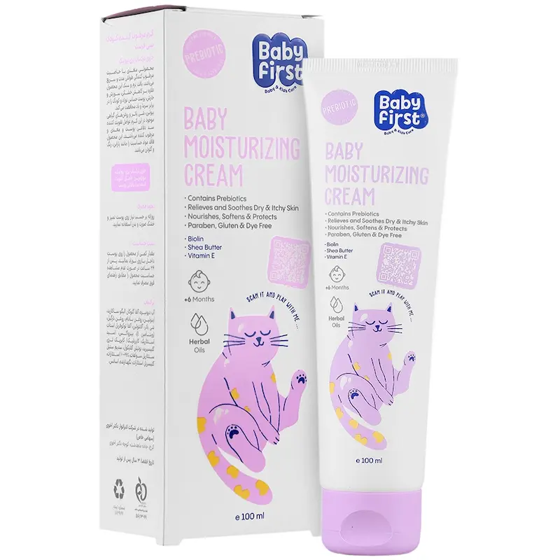کرم مرطوب کننده کودک بیبی فرست BABY MOISTURIZING، حاوی ترکیبات پری بیوتیک، حجم 100 میلی لیتر