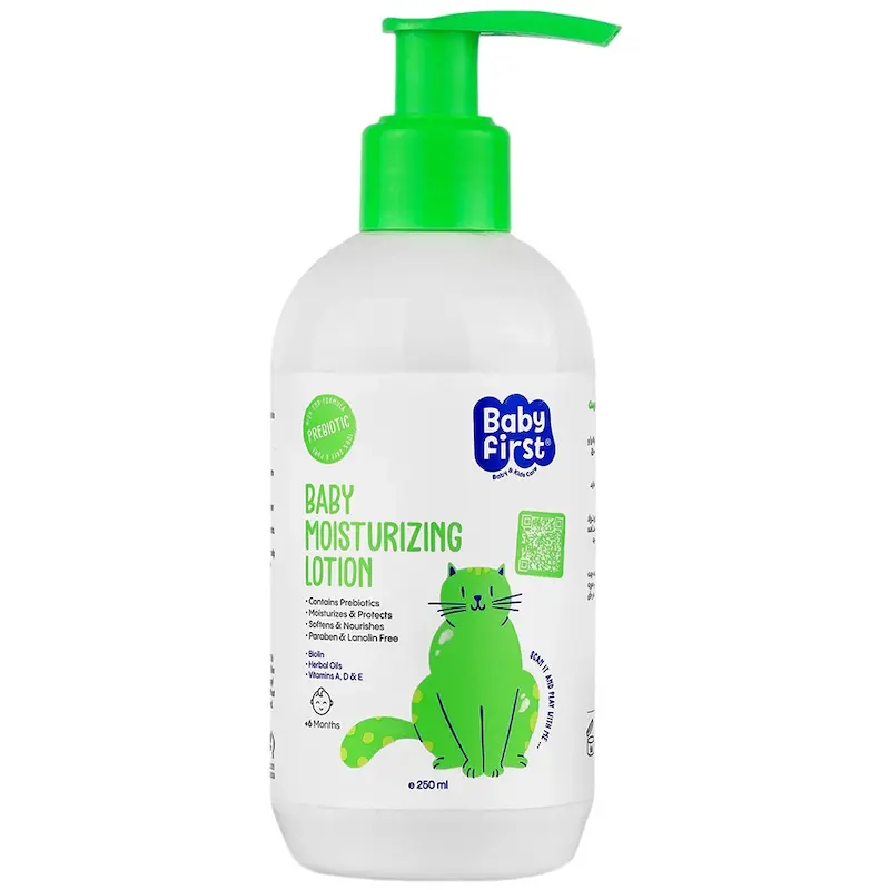 لوسیون مرطوب کننده کودک بیبی فرست BABY MOISTURIZING، حاوی ترکیبات پری بیوتیک، حجم 250 میلی لیتر