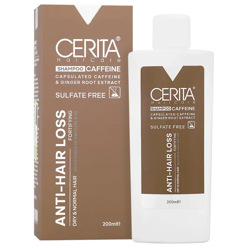 شامپو کافئین بدون سولفات سریتا ANTI-HAIR LOSS، ضد ریزش مو، مناسب موهای خشک و نرمال، کافئین کپسوله شده و عصاره ریشه زنجبیل، حجم 200 میلی‌لیتر