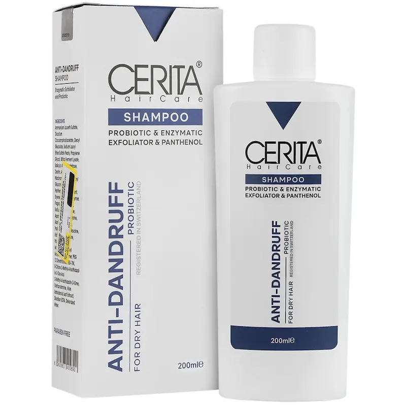 شامپو ضد شوره سریتا ANTI-DANDRUFF، مناسب موی خشک، پروبیوتیک، لایه بردار، آنزیماتیک، پانتنول، حجم 200 میلی لیتر
