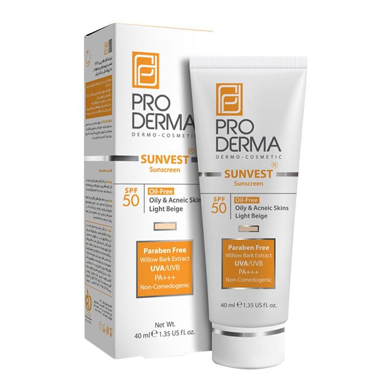 کرم ضدآفتاب پرودرما - فاقد چربی - SPF50+ - رنگ بژ روشن - مناسب پوست چرب و مستعد آکنه