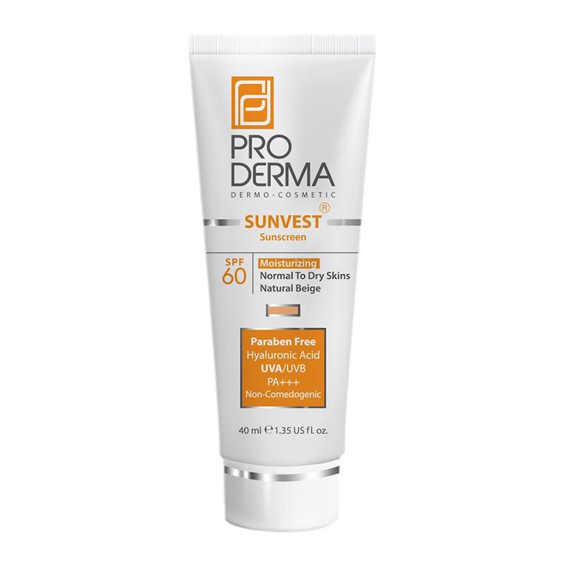 کرم ضدآفتاب و مرطوب کننده پرودرما - SPF60 - بژ طبیعی - مناسب پوست های معمولی و خشک