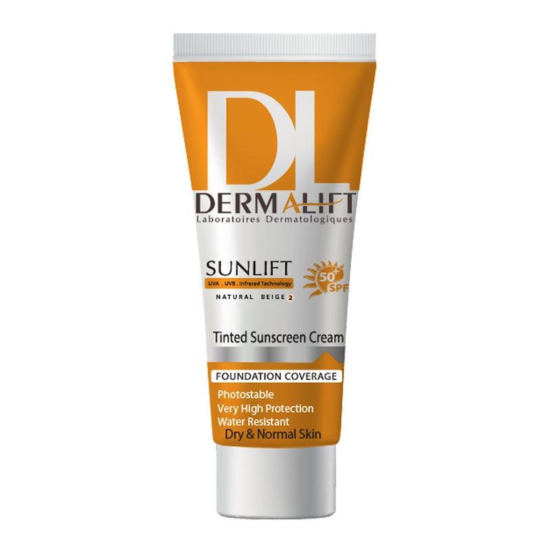 کرم ضدآفتاب درمالیفت - +SPF50 - بژ طبیعی شماره 2 - مناسب معمولی و خشک - حجم 40میل