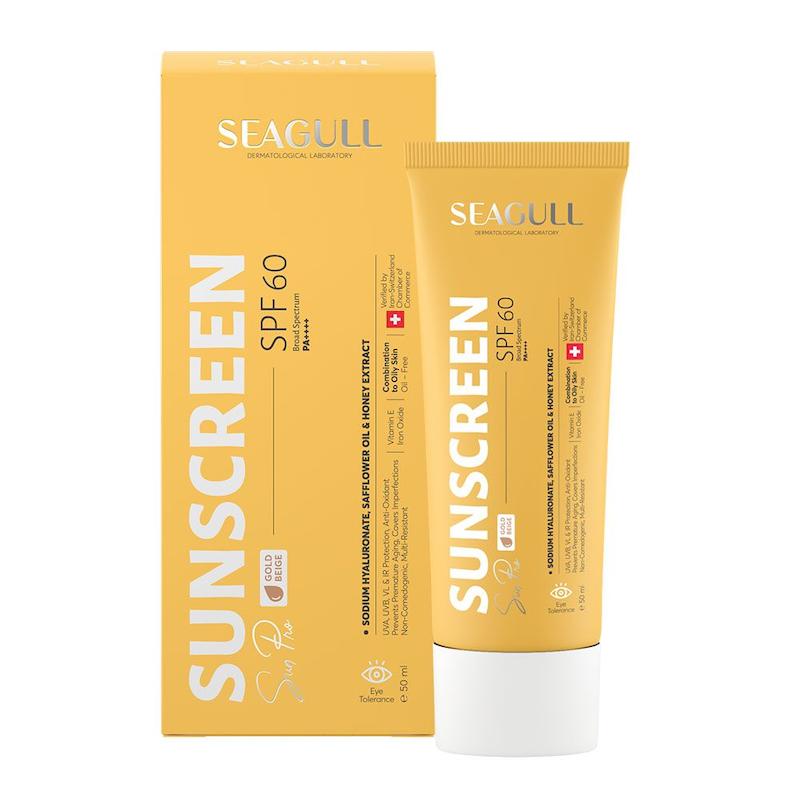 کرم ضدآفتاب رنگی سی گل SEAGULL SPF60، فاقد چربی، مناسب پوست چرب و مختلط، گلد بژ، حجم 50 میلی لیتر 