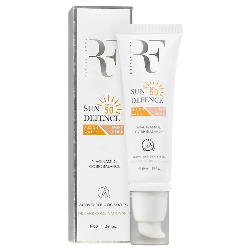 فلوئید ضد آفتاب رنگی آر اف RF | فیوژن واتر | بژ روشن | +SPF50 | مناسب پوست چرب و مختلط