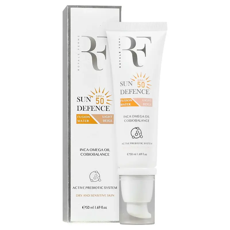 فلوئید ضد آفتاب رنگی آر اف RF | فیوژن واتر | بژ روشن | +SPF50 | مناسب خشک و حساس