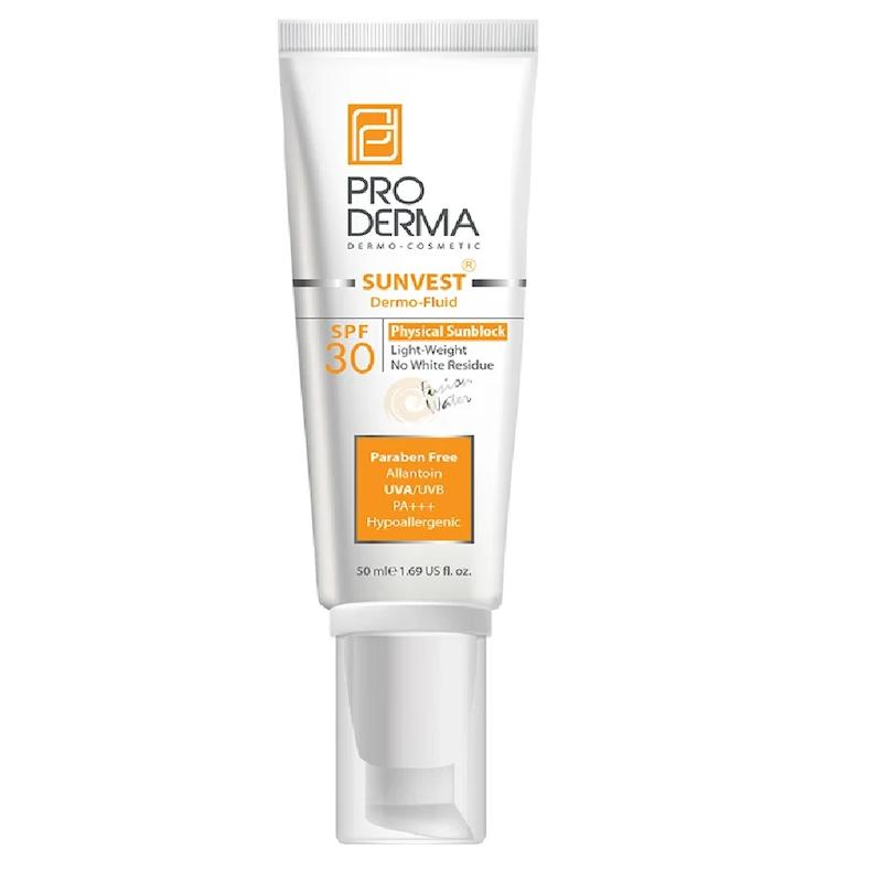 فلوئید ضدآفتاب پرودرما SPF30، فاقد چربی، مناسب انواع پوست، بدون رنگ، حجم50میل