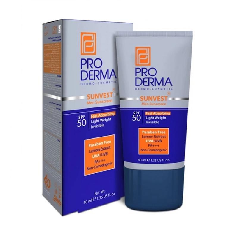 کرم ضدآفتاب پرودرما SPF50، مخصوص آقایان،بدون رنگ، حجم 40 میلی‌لیتر