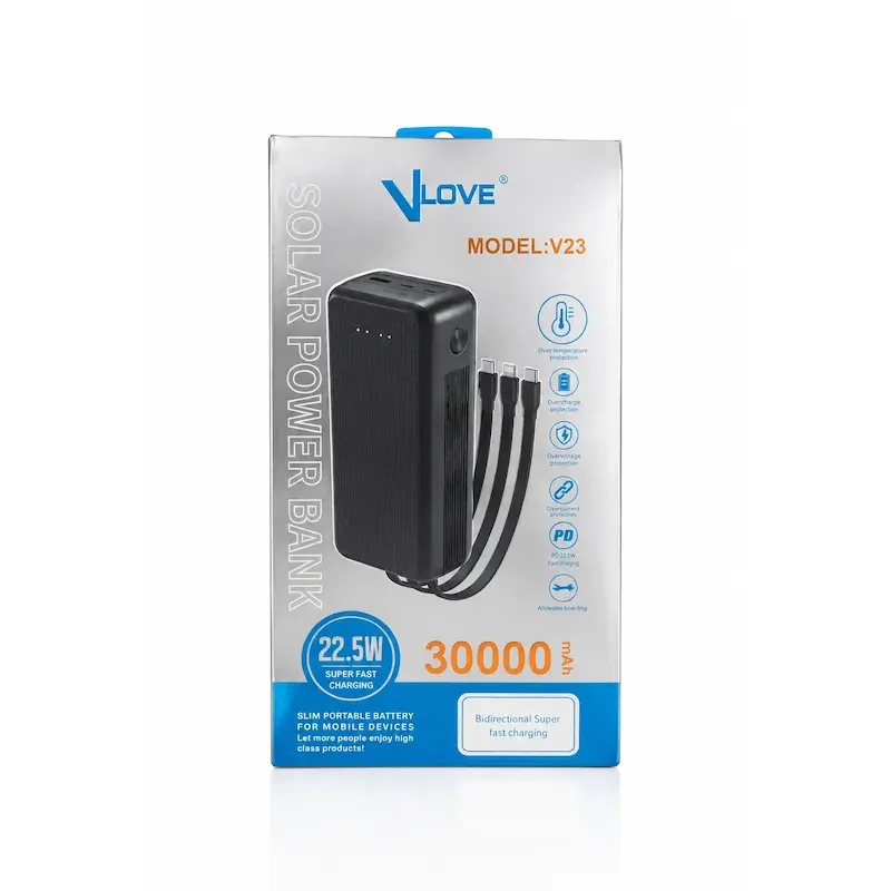 پاوربانک سولار (خورشیدی) 22.5وات مدل VLOVE-V28ظرفیت 30000میلی آمپرساعت