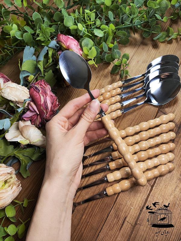 قاشق و چنگال دسته بامبو طرح مرواریدی / BA934