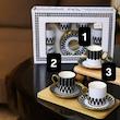 ست قهوه خوری 6نفره سیاه و سفید طرحدار دسته طلایی