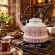 کتری لعابی مراکشی سفید و قرمز طرحدار 
