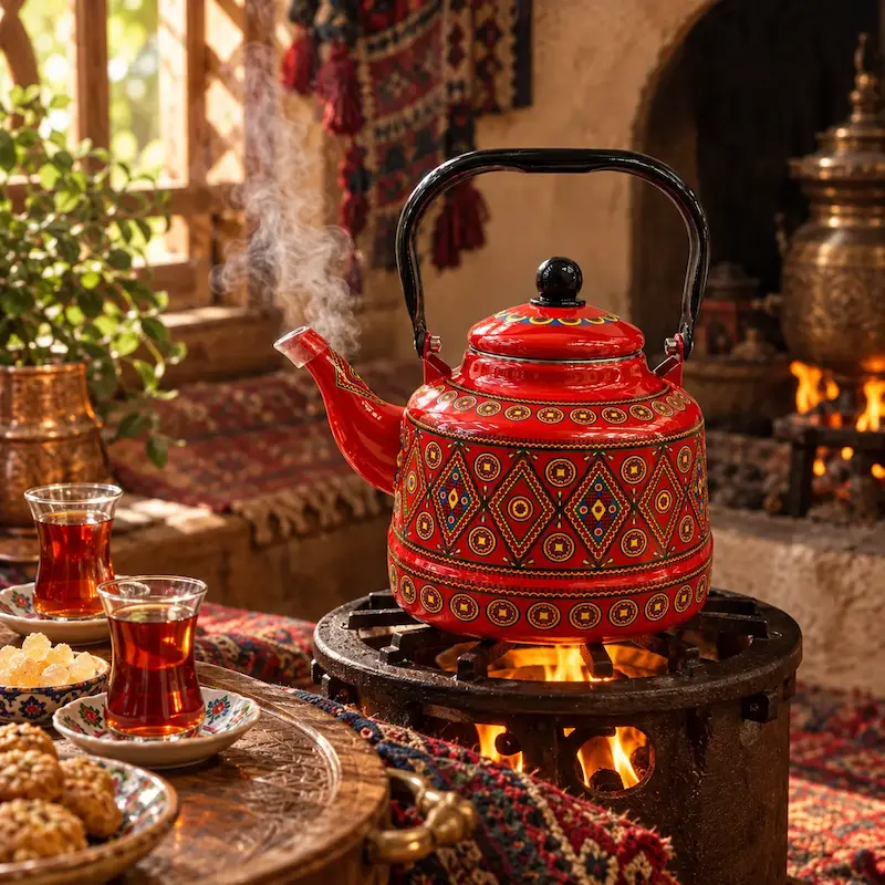 کتری لعابی مراکشی قرمز طرحدار 